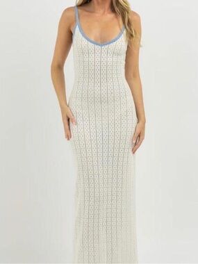 Cream Knit Maxi Dress with Blue Trim
